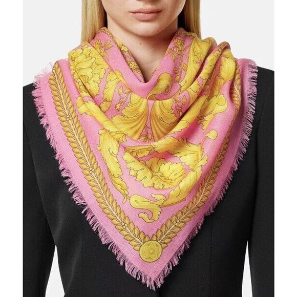 NWT Versace Barocco Pink Gold Cashmere Silk Wool Fringe Shawl Scarf 140cm $750 - Picture 5 of 13
